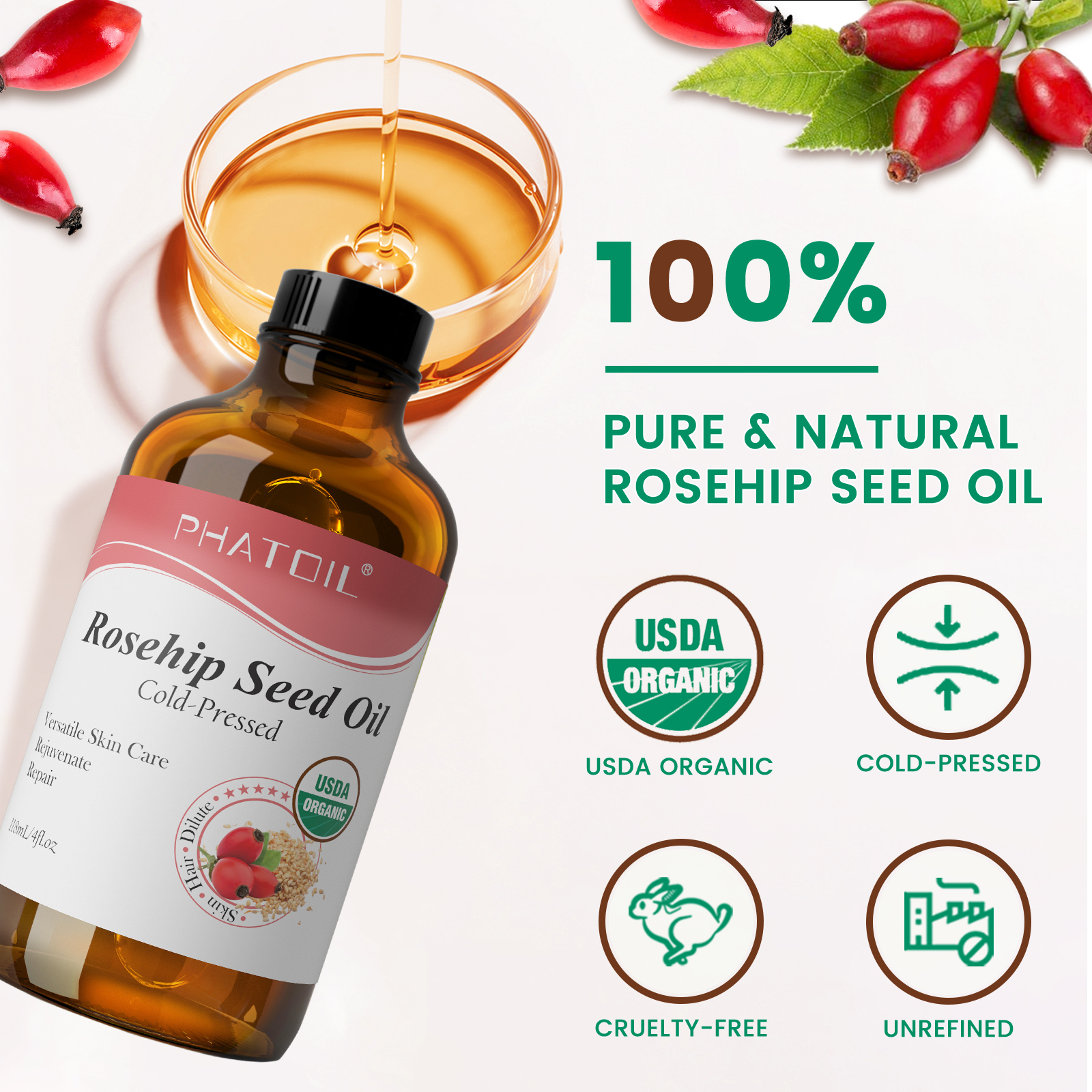 PHATOIL 118ml Organic Face Oil – обзор и цена Cold Pressed Rose Hip